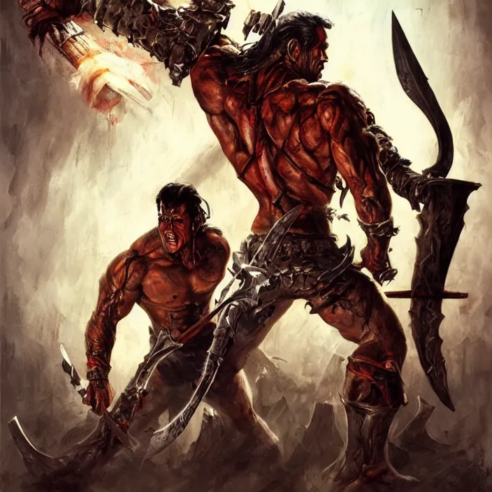 Prompt: Ash Williams from The evil dead, manowar album, Muscular man, striking demon with large bloody barbarian sword, D&D, fantasy, intricate, cinematic lighting, highly detailed, digital painting, artstation, concept art, smooth, sharp focus, illustration by Frank Frazetta,