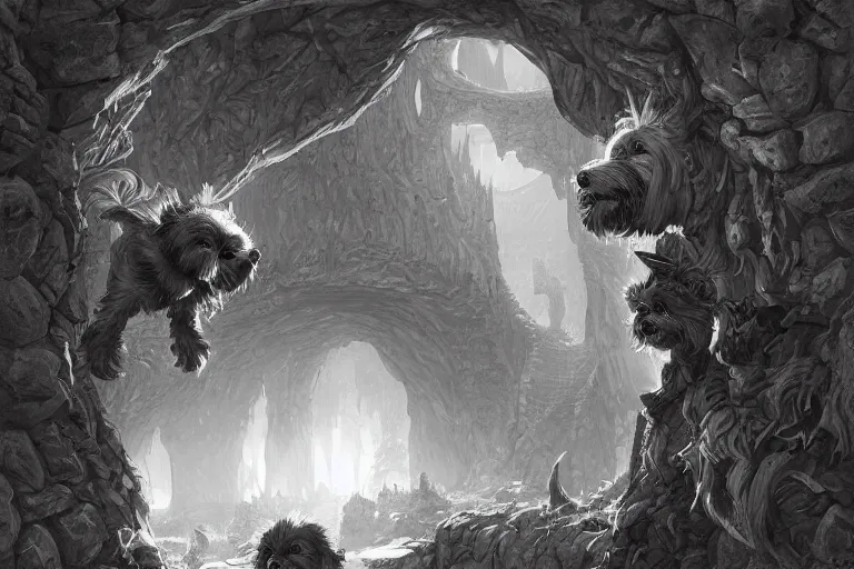 Image similar to black and white one point perspective dungeon cozy fantasy dungeon yorkshire terrier puppies artgerm and Craig Mullins, James Jean, Andrey Ryabovichev, Mark Simonetti and Peter Morbacher 16k