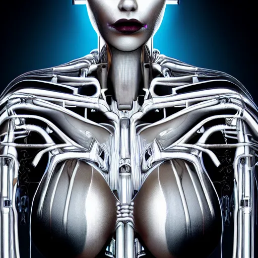 Image similar to Masterpiece full body portrait of a beautiful female cyborg with a beautiful face and flawless skin, parts of her body are made of transparent plastic, symmetrical, surreal H.R. Giger dream landscape, eerie fog, cinematic lighting, 8k