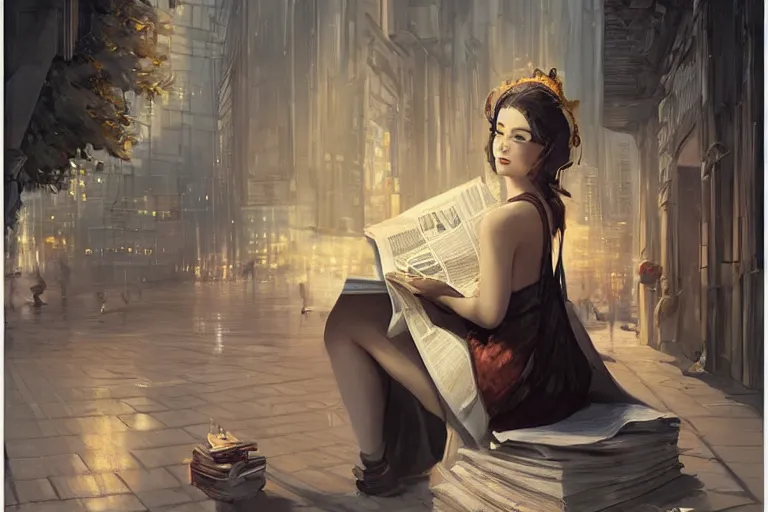 Prompt: seductive goddes reading newspaper in modern city in the style of Durand and greg rutkowski, beautiful, geometric, trending on artstation, cinematic