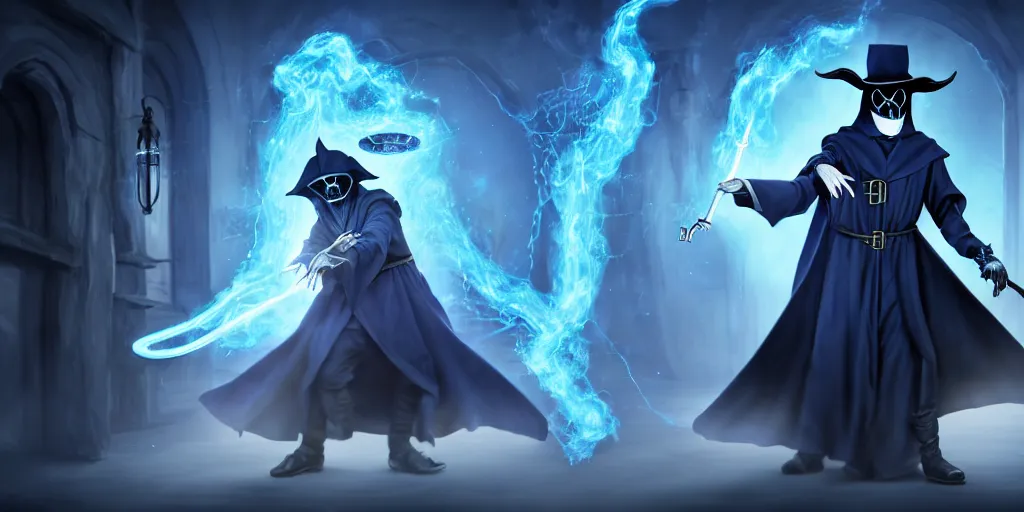 Image similar to action packed scene of a handsome plague doctor in a blue wizard robe who is a male sorcerer he is casting a spell that is emanating from his hands he is in a alchemist lab, action pose, medium shot, waist up, digital art, photoreal, 4 k, unreal engine 5, anime, d & d design, gta cover art