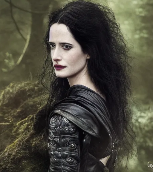 Image similar to 5 5 mm close up portrait photo of eva green as yennefer of vengerberg in black leather armor and long black fluff hair, in a forest. magical atmosphere. art by greg rutkowski. lifelike. very detailed 8 k. intricate. soft light. nikon d 8 5 0.