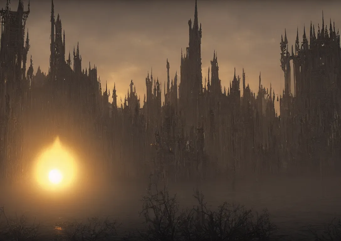 Image similar to the golden spires of the carcosa palace are illuminated by huge black sun, and the lake reflecting yhtill's remnants curled gunsmoke. 8 k, bloodborne cg style, unreal engine 5