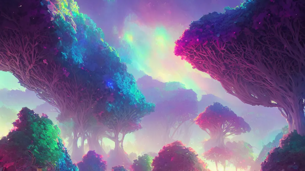 Image similar to multicolored iridiscent crystals growing on colossal everlasting trees, by sylvain sarrailh, rossdraws, ambient light, ultra detailed, fantasy artwork, 8 k, volumetric lighting, trending on artstation, award winning, very beautiful.