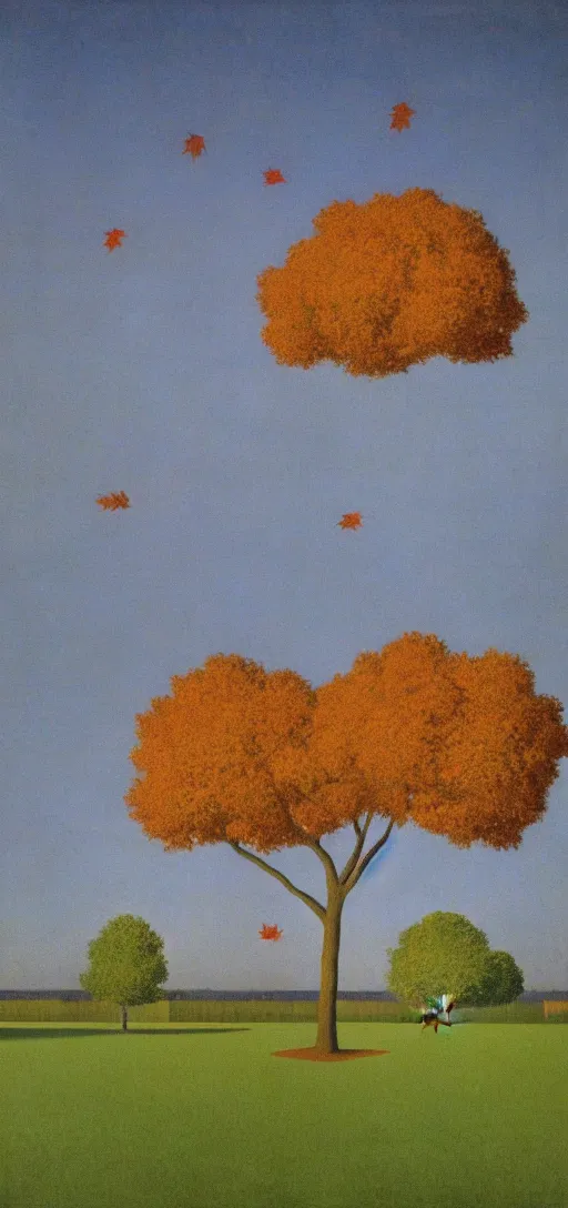 Image similar to Sunset on an autumn day in the park by Rene Magritte. Leaves falling. Shadows. Philosopher walking.