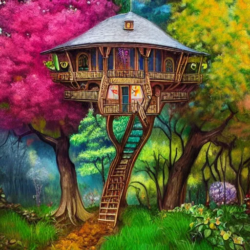 Prompt: fancy treehouse mansion in forest of colorful furry trees and furry flowers detailed magical realism painting