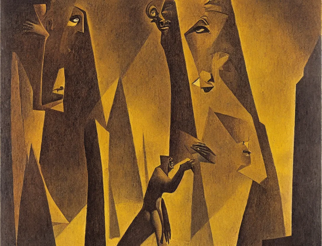 Prompt: a multiracial greek god following a watchful light through the streets of a city, high angle, sparse detail, by remedios varo, picasso and moebius