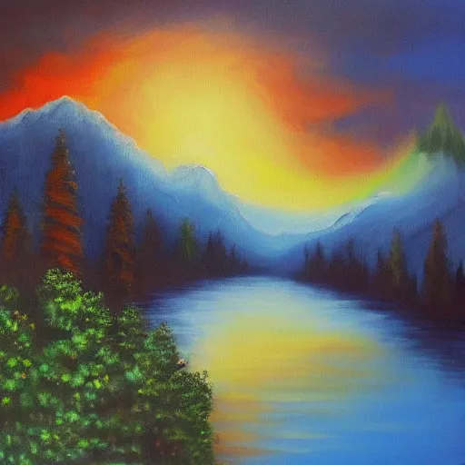 Image similar to ' a world at peace'- a painting by bob ross