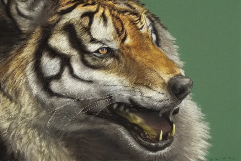 Image similar to wolf tiger hybrid animal, growling, fangs, portrait by tim eitel