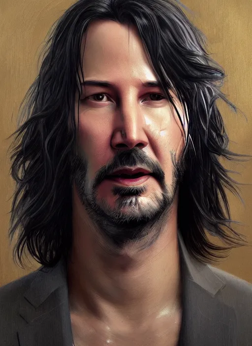 Image similar to Portrait of Keanu Reeves, silver long hair, male, cyberpunk, extremely detailed, digital painting, artstation, concept art, smooth, sharp focus, illustration, stunning lighting, art by artgerm and greg rutkowski and alphonse mucha and simon stalenhag, realistic character concept, light atmosphere, golden ratio, cinematic lighting, hyperdetailed, high resolution, insanely detailed and intricate, artstation, Marc Simonetti, Greg Rutkowski, 8k