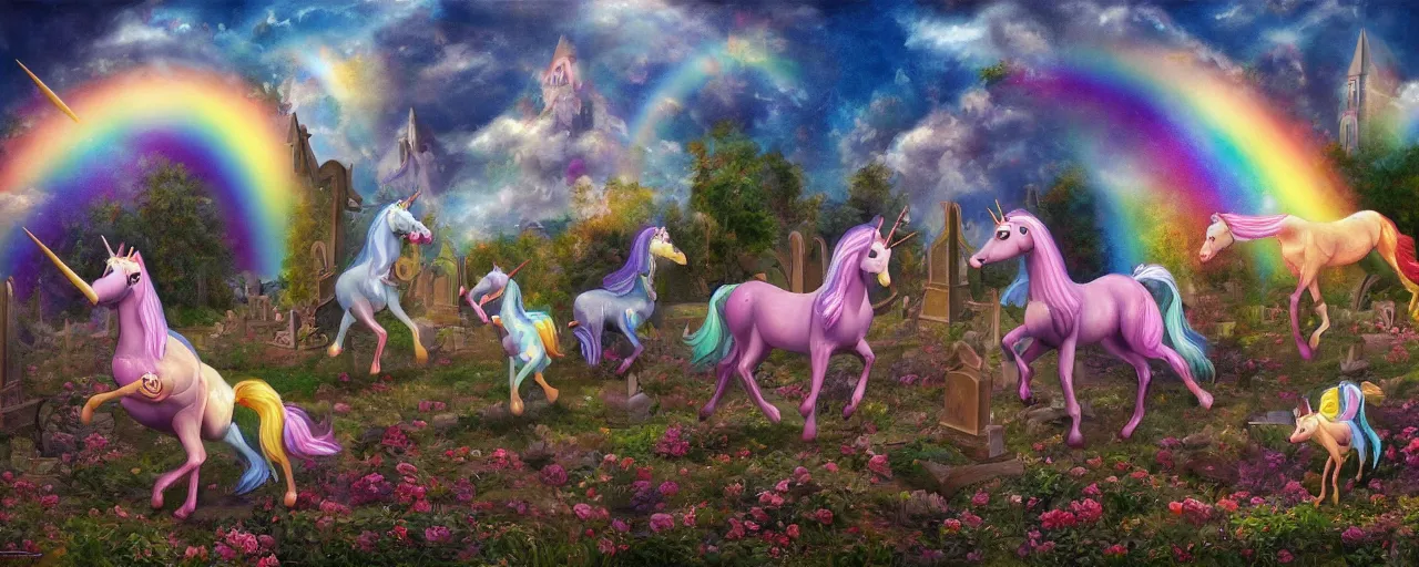 Image similar to a beautiful detailed mate painting of unicorns dancing under a rainbow on a graveyard'in the style of disney, existential horror, trending on cgsociety artstation, highly detailed, 8 k, masterpiece, super resolution.