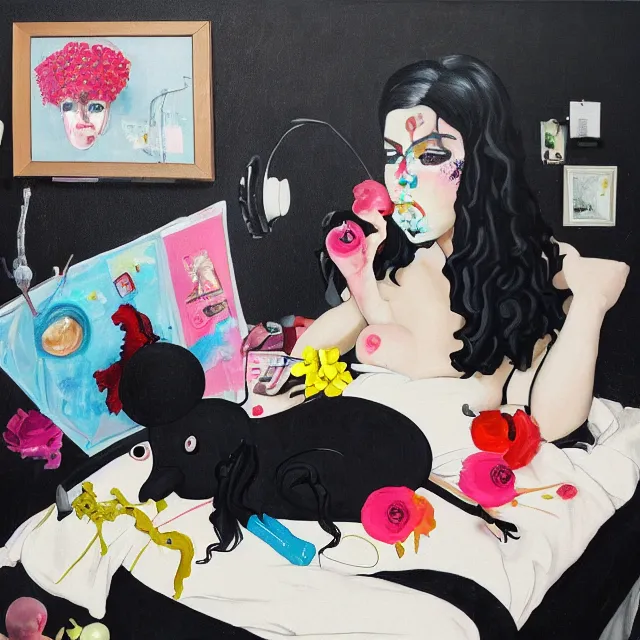 Image similar to a portrait in a female artist's bedroom, black walls, emo girl riding an inflatable pig, sheet music, berries, surgical supplies, pancakes, black flowers, sensual, octopus, neo - expressionism, surrealism, acrylic and spray paint and oilstick on canvas