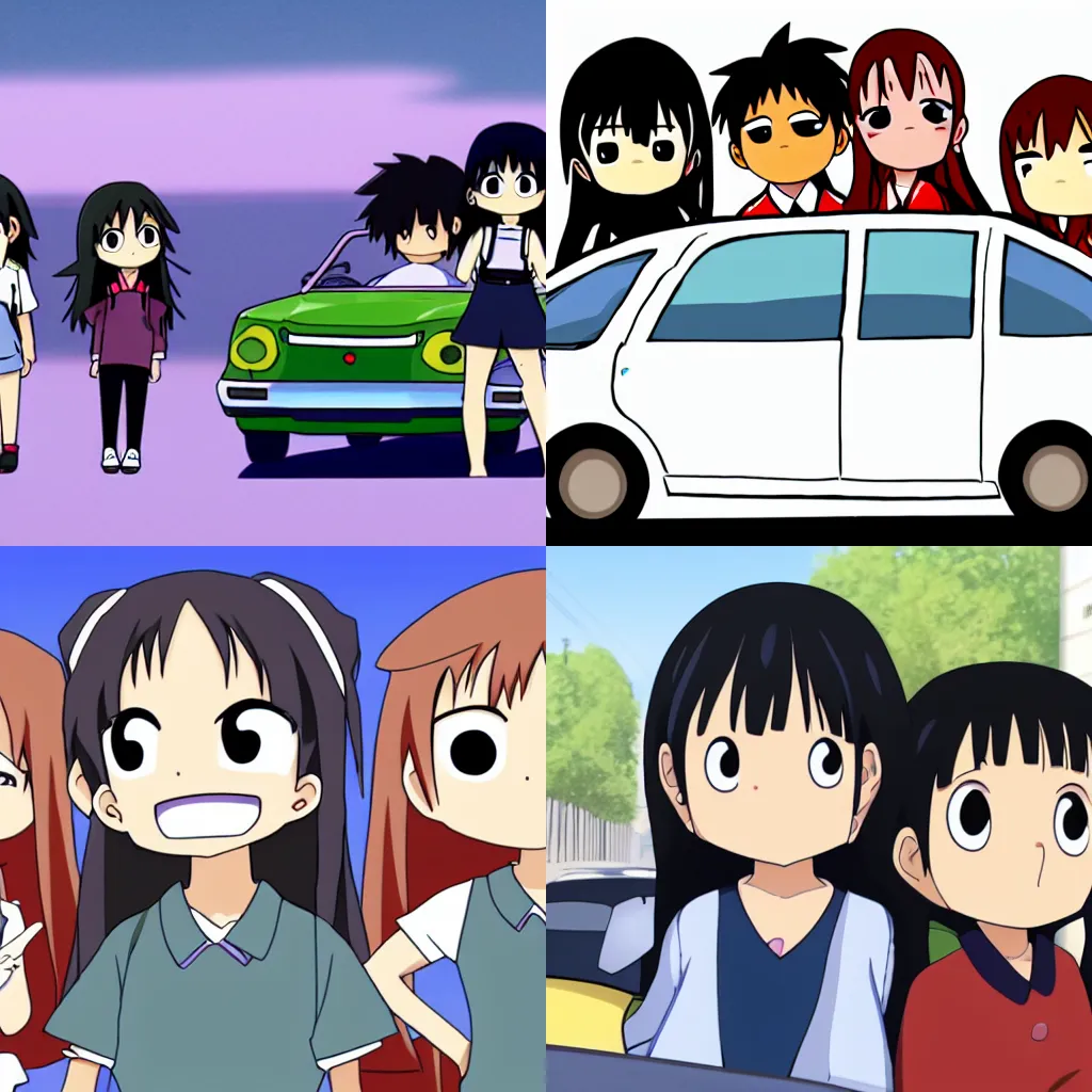 Prompt: Characters from ((Azumanga Daioh)) grown up and driving a car, in the style of azumanga daioh, 4k, dynamic lighting