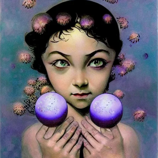 Image similar to a girl with three eyes : : on 5 translucent luminous spheres, full of floral and berry fillings, in an ocean of lavender color by frank frazetta