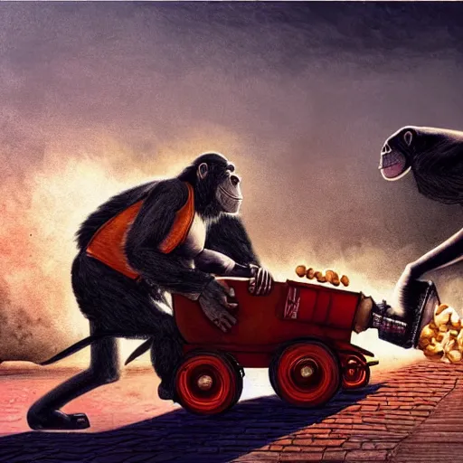 Image similar to an image of a steamroller that's about to run over a chimpanzee that's picking up pennies in a city street, dramatic lighting, highly detailed digital painting