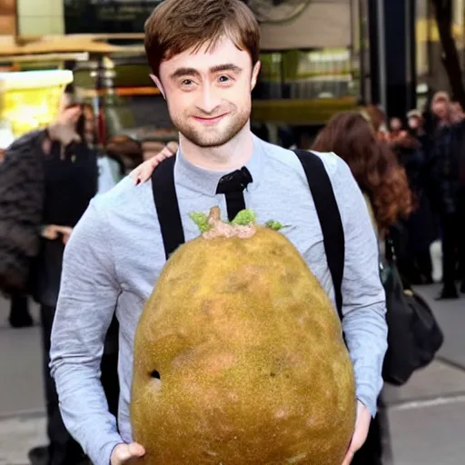 Prompt: photograph of daniel radcliffe wearing a potato costume.