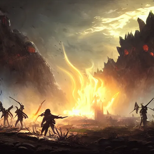 Image similar to war torn battlefield, wizards fighting in the distance, a fallen mages in focus, dnd, fantasy, high quality, high definition, concept art, smooth