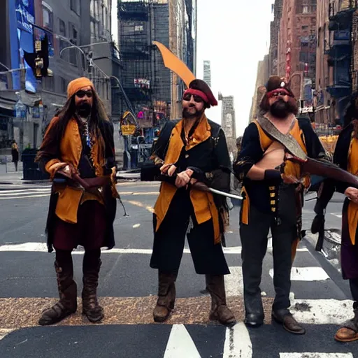 Image similar to real pirates standing with they swords ready in the middle of the road in new york city.