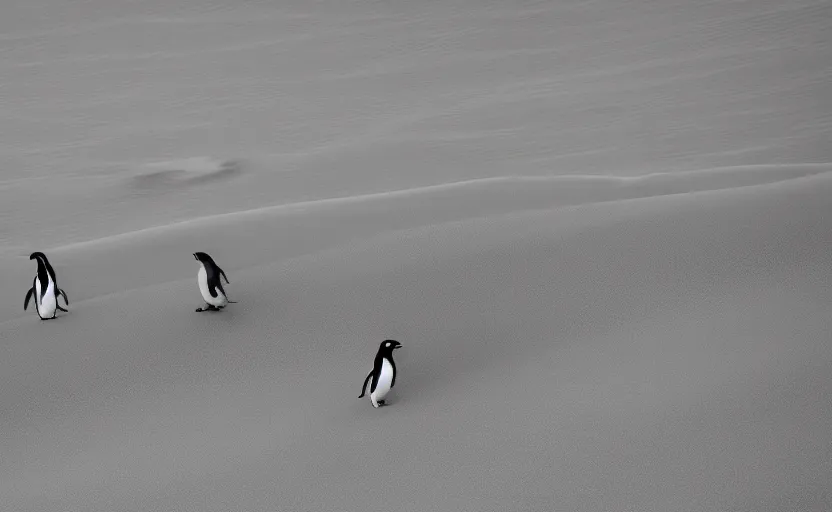 Image similar to penguins sliding in sand dunes, photography