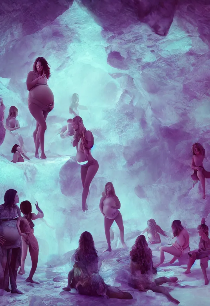 Image similar to epic pregnant woman talking to all her tribe with fluorescence bodies, proud people gather around the pregnant woman, ice cave, facinating, fantasy digital art, octane render, beautiful composition, trending on artstation, award - winning photograph, masterpiece