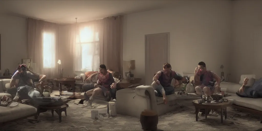 Image similar to Bored guys playing console games in a shabby living room, inspired by Gregory Crewdson, 8k, photorealism, trending on artstation, volumetric lighting, CGsociety