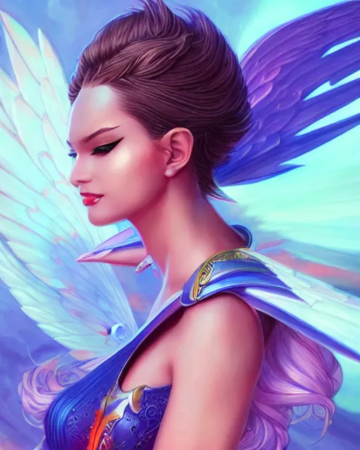 Image similar to 3 / 4 view of woman with wings, confident pose, pixie character, video game genshin impact, intricate, elegant, sharp focus, illustration, bright colors, concept art, matte, magali villeneuve, artgerm, anime, trending on artstation