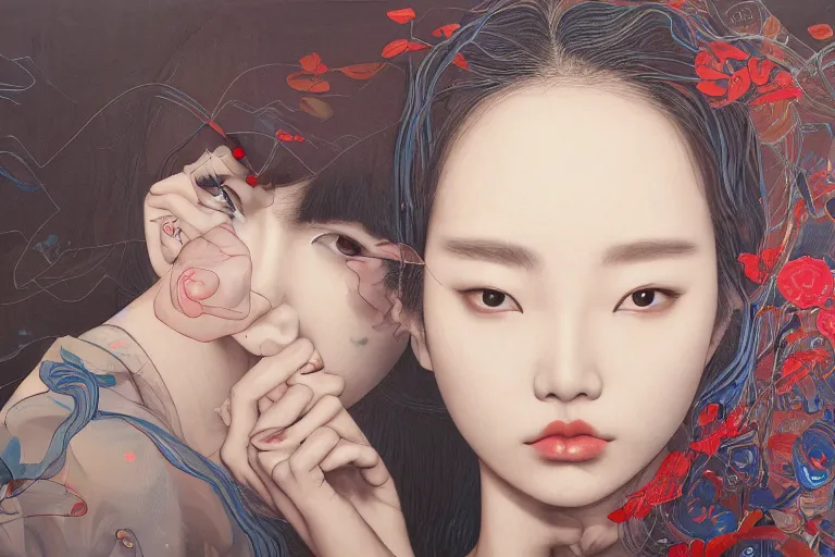 Prompt: Lee Jin-Eun by James Jean, rule of thirds, seductive look, beautiful, in intergalactic hq