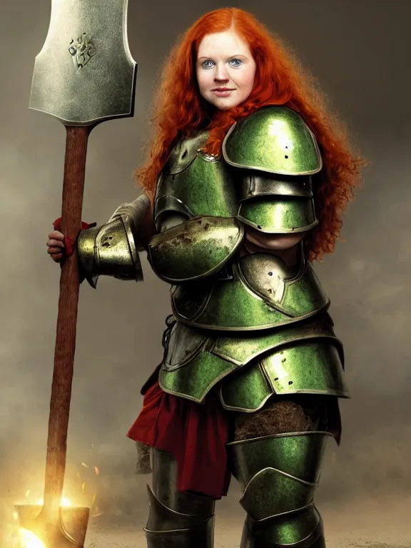 Image similar to dwarven woman, ginger hair, green eyes, holding hammer and shield with plate armour