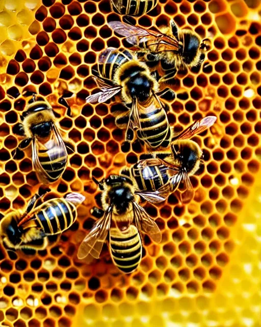 Prompt: bees on honeycomb close up bees nest, cinematic epic award winning photography of the honeybee on nest
