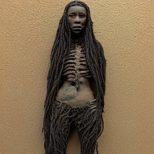 Image similar to dmt bodies. Mesh of human figures intertwined. earthen colors. The medium of this sculpture is human hair. A mess of human hair. Matted hair woven dreadlock sculpture. Tangled splitend hair. barbershop floor. Sculpted by August Rodine.