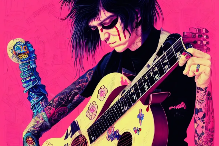 Image similar to 1 9 8 0 s punk rocker playing acoustic guitar, tristan eaton, victo ngai, artgerm, rhads, ross draws, intricated details, 3 / 4 view, full body portrait