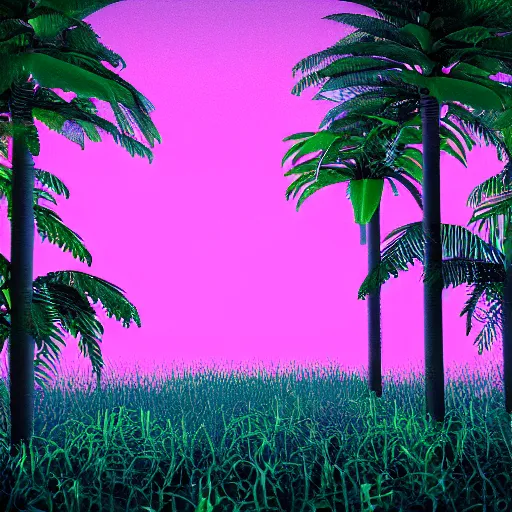 Prompt: 80s vaporwave outrun 3d Render of a forest, liminal space retro, grainy, noisy