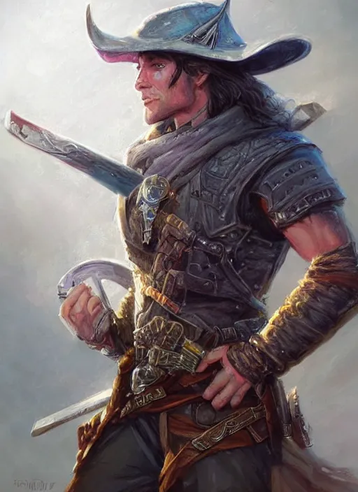 Image similar to gunslinger, dndbeyond, bright, colourful, realistic, dnd character portrait, full body, pathfinder, pinterest, art by ralph horsley, dnd, rpg, lotr game design fanart by concept art, behance hd, artstation, deviantart, hdr render in unreal engine 5