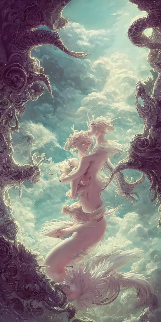 Prompt: the beautiful scene render that the girl lies in the arms of a huge white dragon in the fairyland surrounded by white clouds, in the style of victo ngai and peter mohrbacher peter mohrbacher artgerm, animation style, 8 k hd, trending on cgsociety, trending on artstation, ultra wide angle, animation style, hyperrealism, hyper detailed