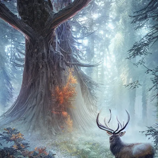 Prompt: elk in an enchanted forest, intricate design, elegant, magical, art nouveau, environment art, film still, glowing mushrooms, trails, close up, art by artgerm and greg rutkowski and ruan jia and peter polach