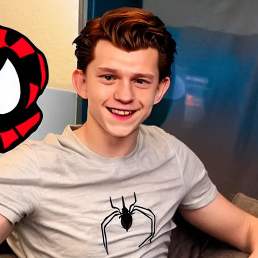 Image similar to tom holland plays video game spider man on his couch