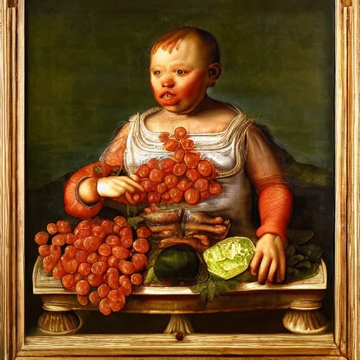 Image similar to a boy sitting in a tub full of tomato sauce, a lot of cabbage, by giuseppe arcimboldo and ambrosius benson, renaissance, portrait, fruit, intricate and intense oil paint, realistic