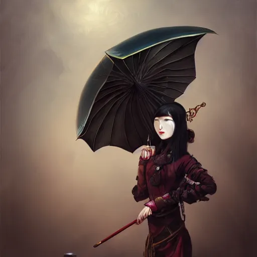 Image similar to steampunk Chinese lady with umbrella, detailed, digital painting, concept art, smooth, sharp focus, illustration, by Anato Finnstark, Tom Bagshaw, Brom