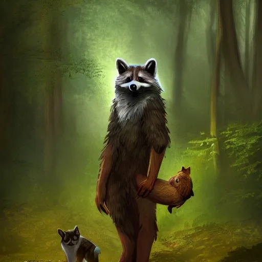 Image similar to a woodland druid in a forest with a wolf bird and racoon, photorealistic, in the style of greg rutkowski, digital painting