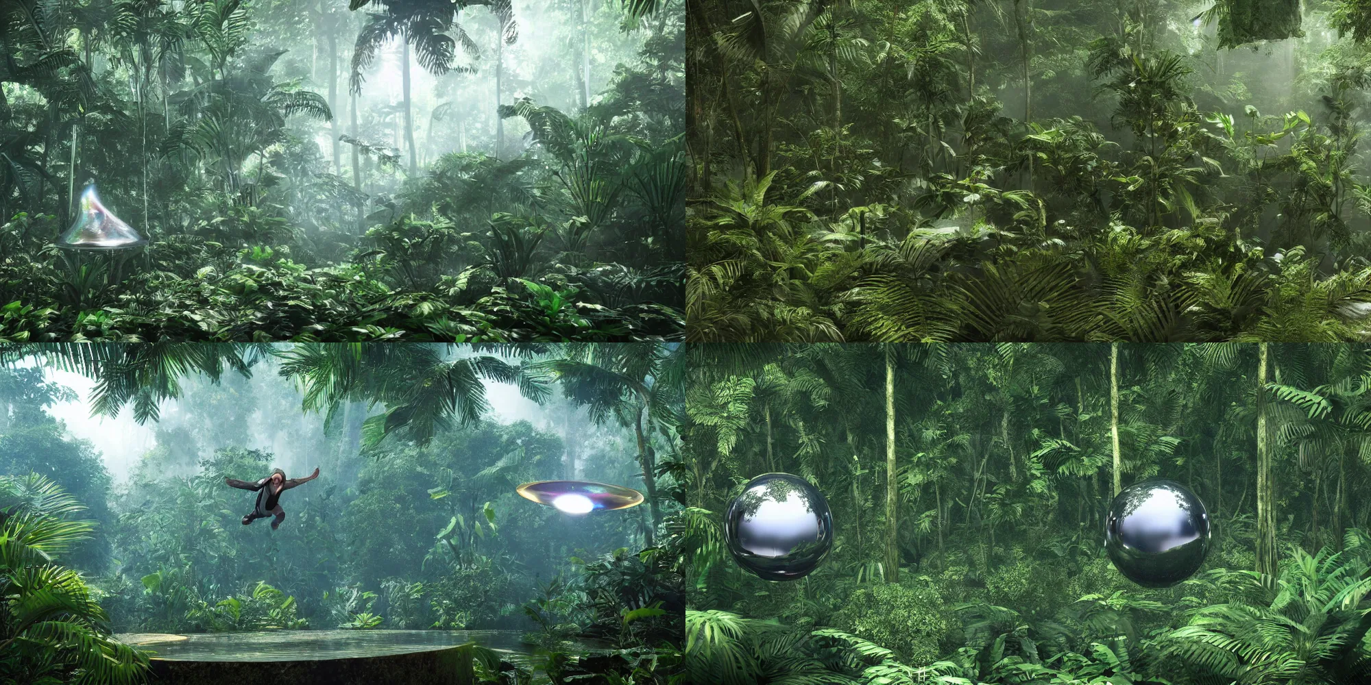 Prompt: chrome mercury blob hovering midair, jungle rainforest, daylight, photorealistic, cinematic, 8k octane render, unreal engine 5, ultrawide
