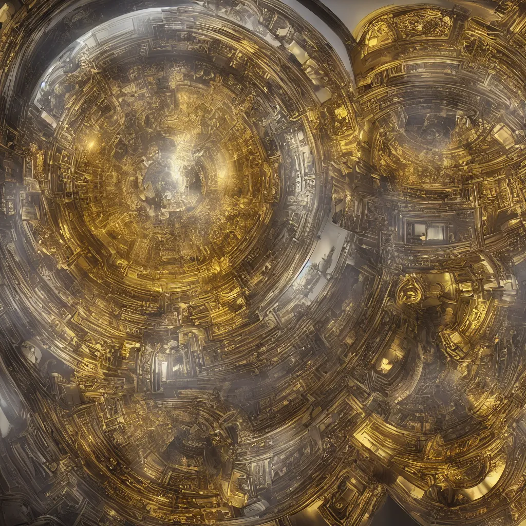 Image similar to “ a panoramic depth map of a digital neo baroque building that serves a temple for artificial intelligence gods in a sphere in the center that is glowing with gold, a human reaches out to touch it, detailed in 4 k ”