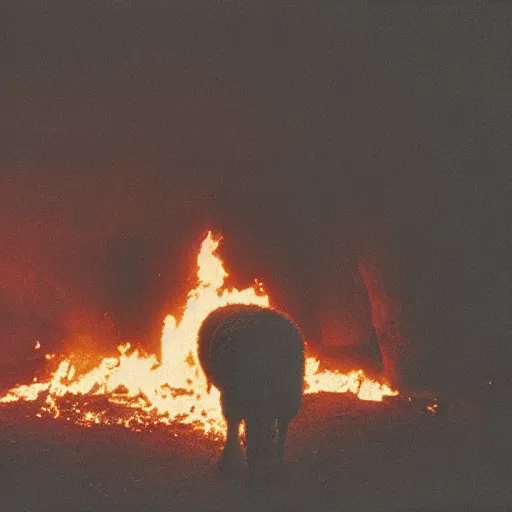 Image similar to sheep in a burning room on fire, cinestill 800t 50mm, photography