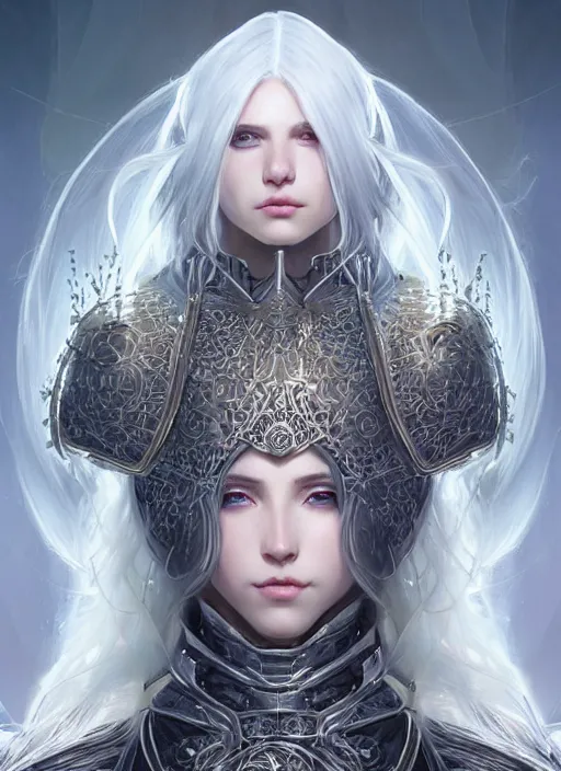 Image similar to light iridescent armor!!! long wild white hair!! covered chest!!! fantasy, d & d, intricate ornate details, digital painting, pretty face!!, symmetry, concept art, sharp focus, illustration, art by artgerm! greg rutkowski magali villeneuve wlop! ilya kuvshinov!!, octane render