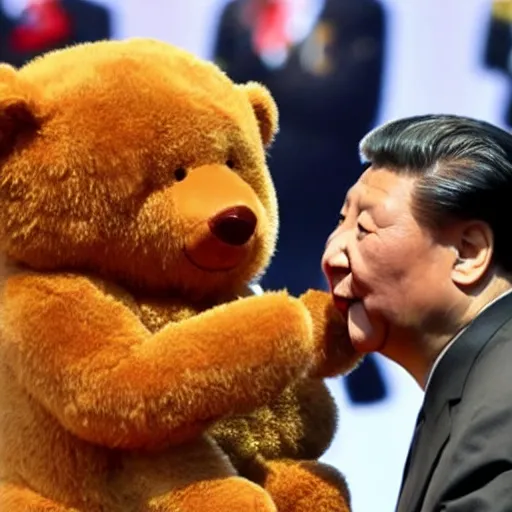 Image similar to a still of xi jinping kissing a teddy bear