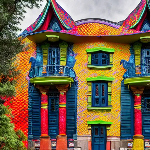 Image similar to The exterior of the house is covered in colorful scales, inspired by a dragon. The windows are large and oval-shaped, like a dragon's eyes. There are two big doors that resemble a dragon's mouth, flanked by two columns that look like horns. photo.