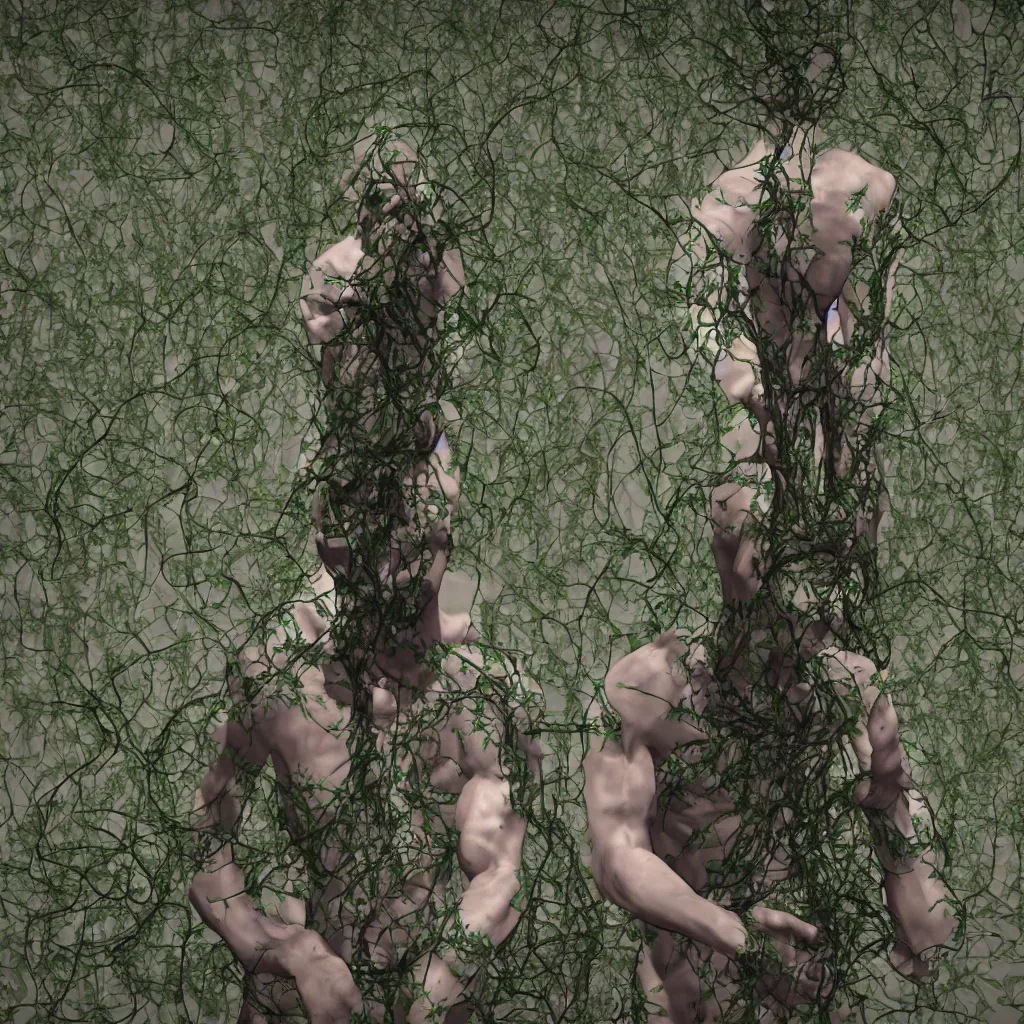 Prompt: faceless man praying with vines grow on his body, death, photorealistic, monochrome, hyper realism, unreal engine, trending in artstation