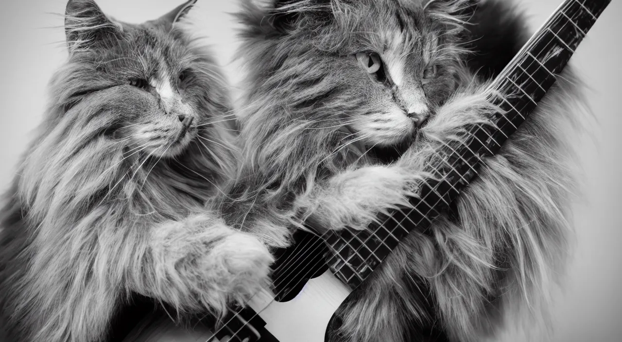 Image similar to long haired gray cat playing guitar 5 5 mm photography detailed footage