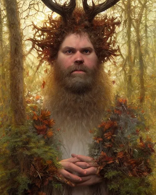 Image similar to patrick rothfuss as a forest druid with antlers, and leaves in his beard | highly detailed | very intricate | symmetrical | cinematic lighting | award - winning | closeup portrait | painted by donato giancola and mandy jurgens and charlie bowater | featured on artstation