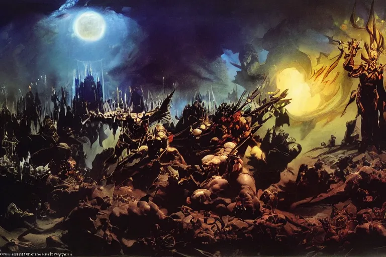 Image similar to The army of light and darkness clashing for the destiny of the world, fantasy, dramatic lighting by Frank Frazetta