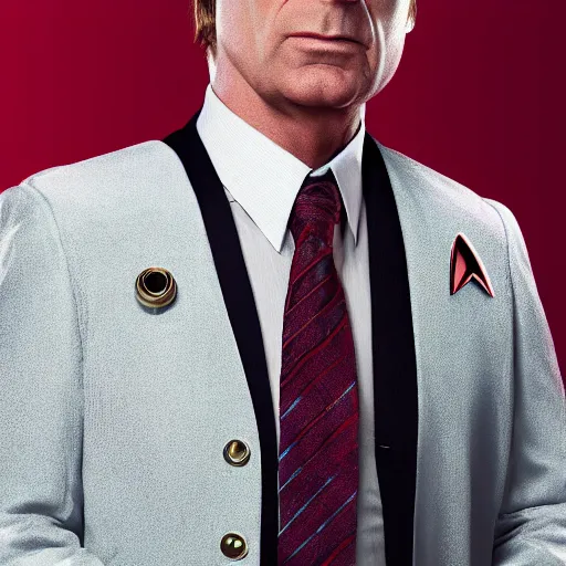 Image similar to saul goodman dressed as a star trek character, tv still, 4k,